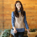 2015春装新款假两件针织衫衬衫女韩版修身显瘦衬衣长袖0.347公斤