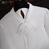 时尚休闲OL雪纺衫女长袖修身春装新款韩版优雅蝴蝶结系带女式小衫