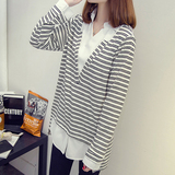 HYX08164韩版大码时尚拼接假两件长袖t恤女中长款条纹衬衣潮春秋