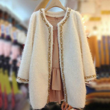 韩国代购2016春季女装新款韩版中长款修身羊绒大衣钉珠毛呢外套女