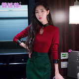 韩语琳空间2016秋装女装韩版性感镂空PU皮拼接长袖打底针织上衣
