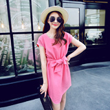 2015夏新款粉红色短袖韩系连衣裙系带收腰修身显瘦棉麻纯色A字裙