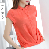 韩版女士衬衫短袖 2016夏季新款女装雪纺衫上衣 宽松休闲立领衬衣