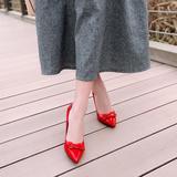 韩版优雅2015春季新款浅口单鞋尖头蝴蝶结超高跟粗跟女鞋红色婚鞋