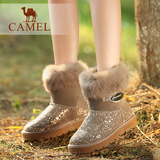 骆驼女鞋 新款时尚短筒雪地靴女 加绒保暖磨砂皮兔毛短靴