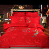 婚庆四件套床盖六八十多纯棉贡缎新婚龙凤大红床品结婚用床上用品