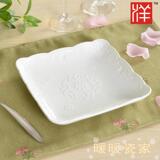 外贸纯白色蕾丝浮雕陶瓷四方菜盘子日式果盘西式餐具特价方形摆件