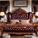 欧式床深色美式全实木床真皮大床2/2.2/2.4米红橡木雕花别墅家具