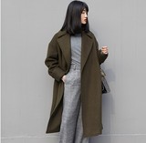 韩国代购冬新品女装超长款大翻领侧开叉毛呢外套女羊绒呢子大衣潮