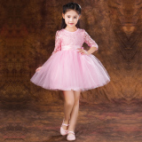 新款花童礼服公主裙女童婚纱裙儿童礼服演出服长袖钢琴蓬蓬裙粉色