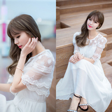 雪纺连衣裙女2016新款韩版短袖拼接蕾丝披肩下摆气质长款群子夏天