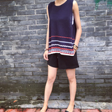 韩国宽松显瘦A型下摆彩条编织无袖冰丝针织衫背心女 夏季薄款外穿