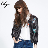 Lily2016秋新款女装欧美条纹直筒短款开衫毛针织衫116130B3303