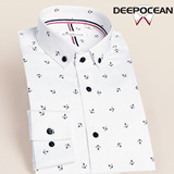 Deepocean深海夏薄款男长袖衬衫印花双丝光棉免烫商务修身型衬衣