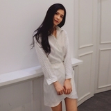 Maxqullo2016秋新款韩版设计师款条纹交叉绑带长袖修身衬衫连衣裙