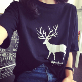夏季新款韩版女装大码宽松圆领小鹿印花短袖打底衫学生姐妹装T恤