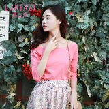 Lanfazi2016夏装新品韩版女装甜美七分袖一字领上衣露肩夏季女t恤