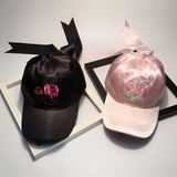 帽子女春夏季玫瑰花刺绣蝴蝶结棒球帽粉色黑色时尚个性鸭舌帽潮帽