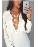 2016春夏外贸新款女装 速卖通ebay爆款 胸前绑带V领白色雪纺衬衫
