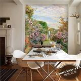 3D油画风景大型壁画唯美草地白鸽蔷薇花客厅沙发背景墙纸无缝壁纸