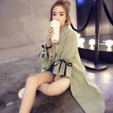 2016夏装女装新款韩国小香风百搭纯色中长款喇叭袖薄款短外套学生