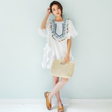 韩国代购名族风在色毛球系带刺绣短款马甲+荷叶边短袖白色连衣裙