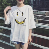 2016夏季新款韩版简约宽松显瘦纯色笑脸字母印花七分袖T恤女学生