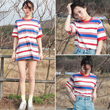 2016春装新款韩版学院风拼色条纹T恤女 宽松中长款短袖打底衫上衣