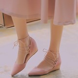 韩国代购小坡跟单鞋 尖头粉色真皮包头女鞋羊皮交叉绑带包跟凉鞋