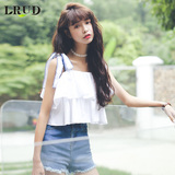 LRUD2016夏季新款韩版宽松百褶纯色吊带背心女性感多层荷叶边上衣