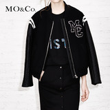MO&Co.棒球服短款外套女立领拉链PU拼接字母条纹MA151COT49 moco