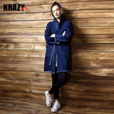Krazy2016春装新款 纯棉 妙趣刺绣元素 靛蓝牛仔风衣外套女8500