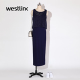Westlink/西遇2016春季新款 假两件无袖直筒修身中长款连衣裙女