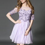 晚礼服短款2016新款时尚宴会小礼服裙显瘦高档紫色伴娘刺绣连衣裙