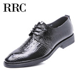 RRC青年鳄鱼纹休闲男士皮鞋内增高商务尖头结婚单鞋正装系带男鞋