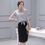 2016夏新款韩版时尚条纹衬衫气质ol中长款包臀连衣裙女假两件套装