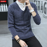 秋冬男士加厚衬衫领假两件针织衫韩版修身型青年套头毛衣学生线衫