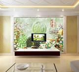 3D立体浮雕玉雕大型壁画客厅电视背景墙壁纸现代中式家和牡丹福字