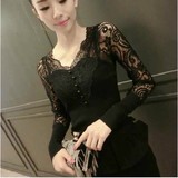 韩国代购春秋时尚女装紧身V领蕾丝长袖性感黑色打底针织衫欧洲站