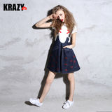 Krazy【预售】 红唇符号 纯棉 精美红唇刺绣竹节牛仔背带裙夏女