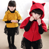 冬装新款童装 韩版女童可爱狐狸耳朵连帽呢子斗篷儿童呢外套上衣