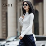 Amii女装 2016秋季新款休闲高领坑条纹修身棉针织衫女套头毛衣
