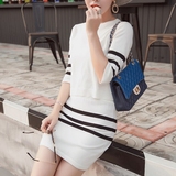 夏季韩版小香风条纹修身显瘦大码包臀短裙中袖针织时尚两件套装女