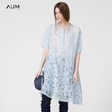 AUM噢姆 玛丝菲尔旗下设计师女装 2016夏丝麻素色印花宽松连衣裙