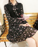 韩国代购樱桃花朵蝴蝶结羊毛羊绒针织森女雪纺外贸文艺长袖连衣裙