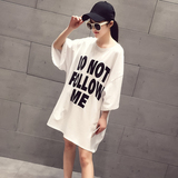韩国2016夏季新款韩版宽松t蝙蝠袖圆领字母大版中长款T恤女短袖