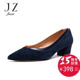 JUZUI/玖姿女鞋 羊反绒真皮中跟舒适单鞋 粗跟尖头高跟鞋