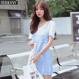 2016夏季韩版新款V领格子学生无袖吊带背带连衣裙女宽松高腰A字裙