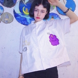 韩国ulzzang夏季童趣卡通BF宽松衬衣女百搭小立领短袖学生衬衫