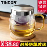 田代/耐热玻璃杯 茶杯水杯 不锈钢透明泡茶带盖过滤花茶杯杯子